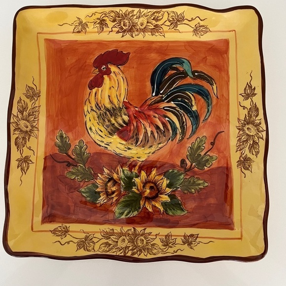 Maxcera Corp Other - MAXCERA CORP Orange Rooster Square Plate Sunflowers Floral Edge Pattern Farmcore